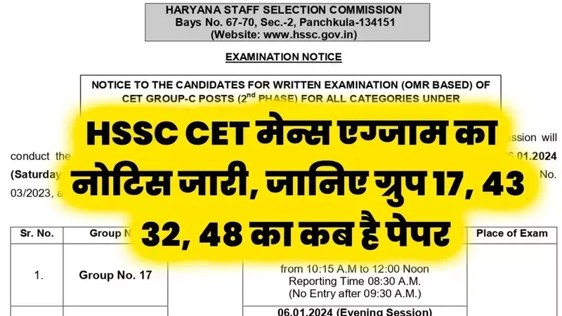 HSSC CET Mains Exam:  HSSC CET मेन्स एग्जाम का नोटिस जारी, जानिए ग्रुप 17, 43, 32, 48 का कब है पेपर
