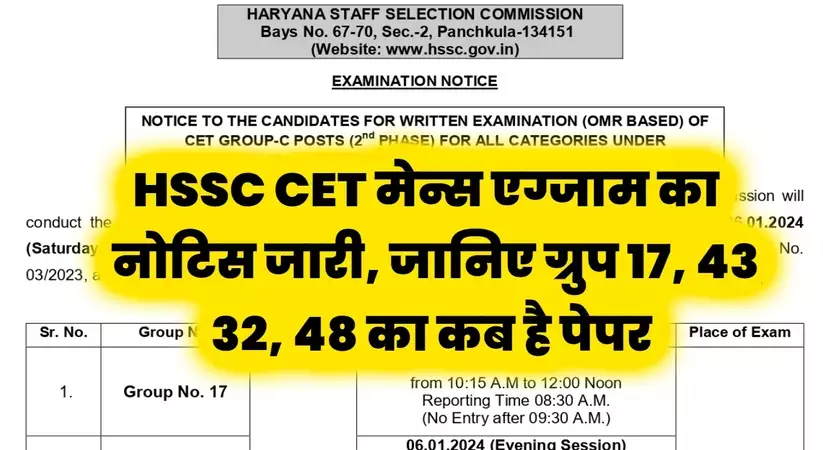 HSSC CET Mains Exam:  HSSC CET मेन्स एग्जाम का नोटिस जारी, जानिए ग्रुप 17, 43, 32, 48 का कब है पेपर